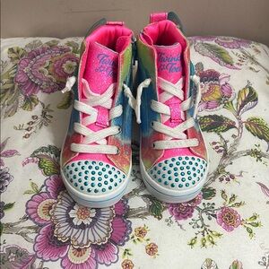 Skechers Pink and Blue High-Top Sneakers with Rhinestone Embellishments